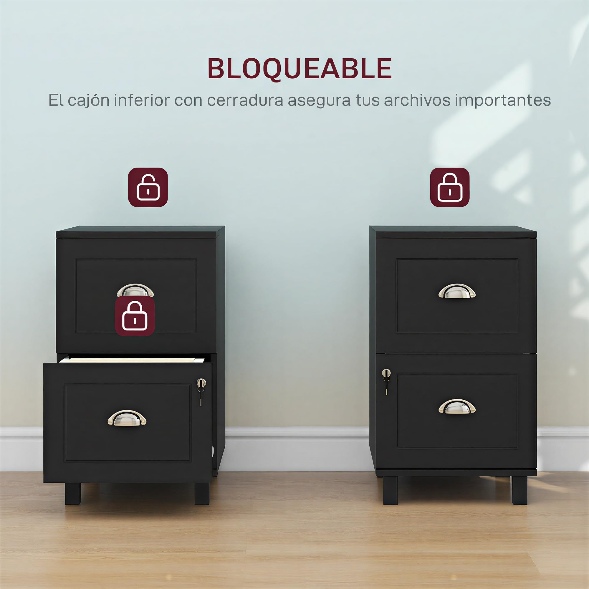 HOMCOM Cajonera de Oficina Mueble Archivador con 2 Cajones Cajonera para Escritorio con Cerraduras Carpetas Suspendidas para A4 y Carta 40x41,5x67,5 cm Negro