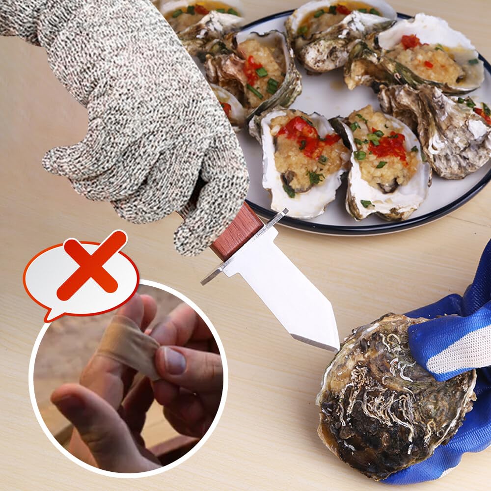 Ldawy Coltello per Ostriche, Apri Ostriche, Coltello Ostriche con Manico in Legno e 1 Paio di Guanti Resistenti al Taglio(XL), AMA Acciaio Inossidabile per Molluschi e Frutti di Mare