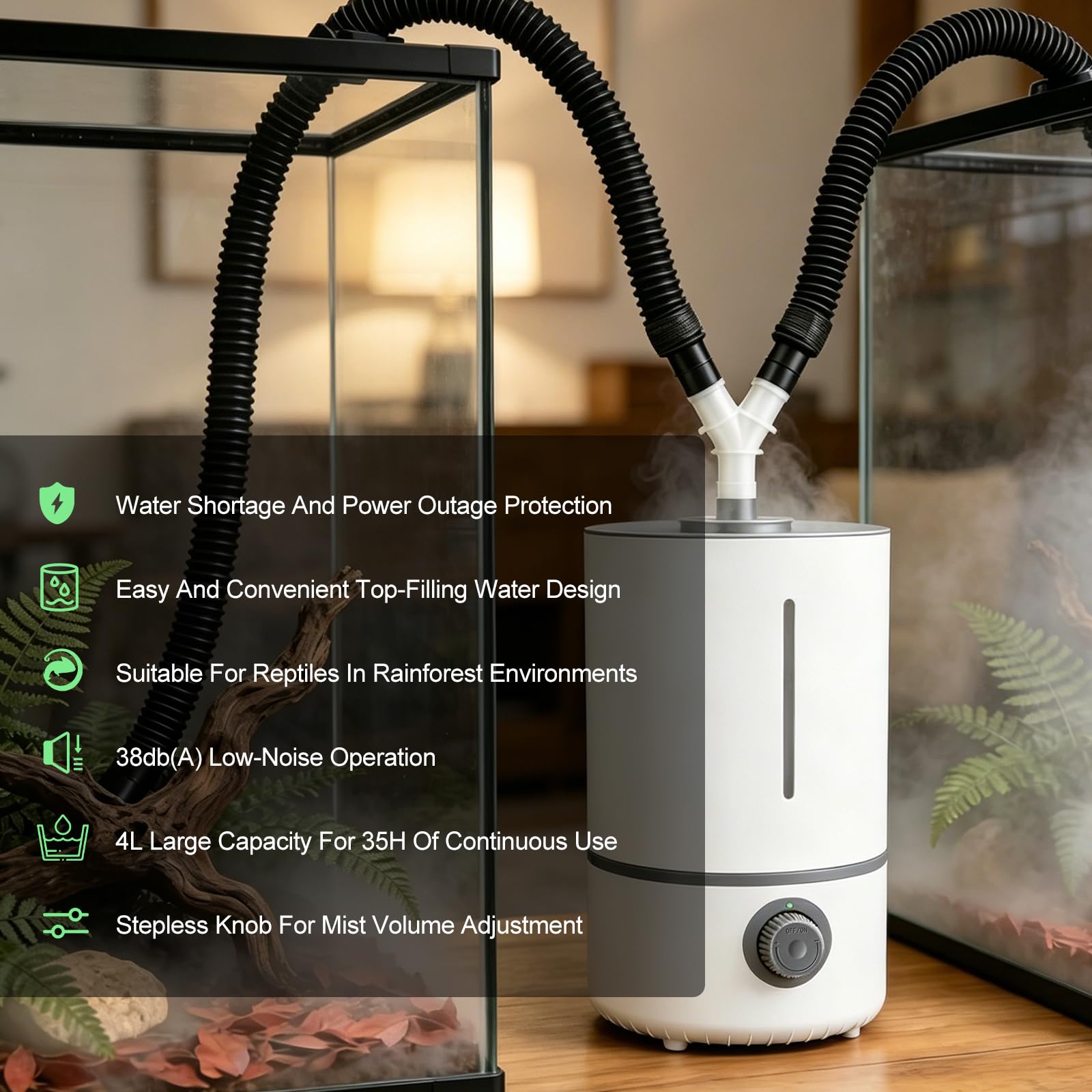 Umidificatore per rettili, 4 l, nebulizzatore per rettili, con 2 tubi estensibili, nebulizzatore per terrario con uscita da 280 ml/h, design silenzioso, protezione da interruzioni di corrente