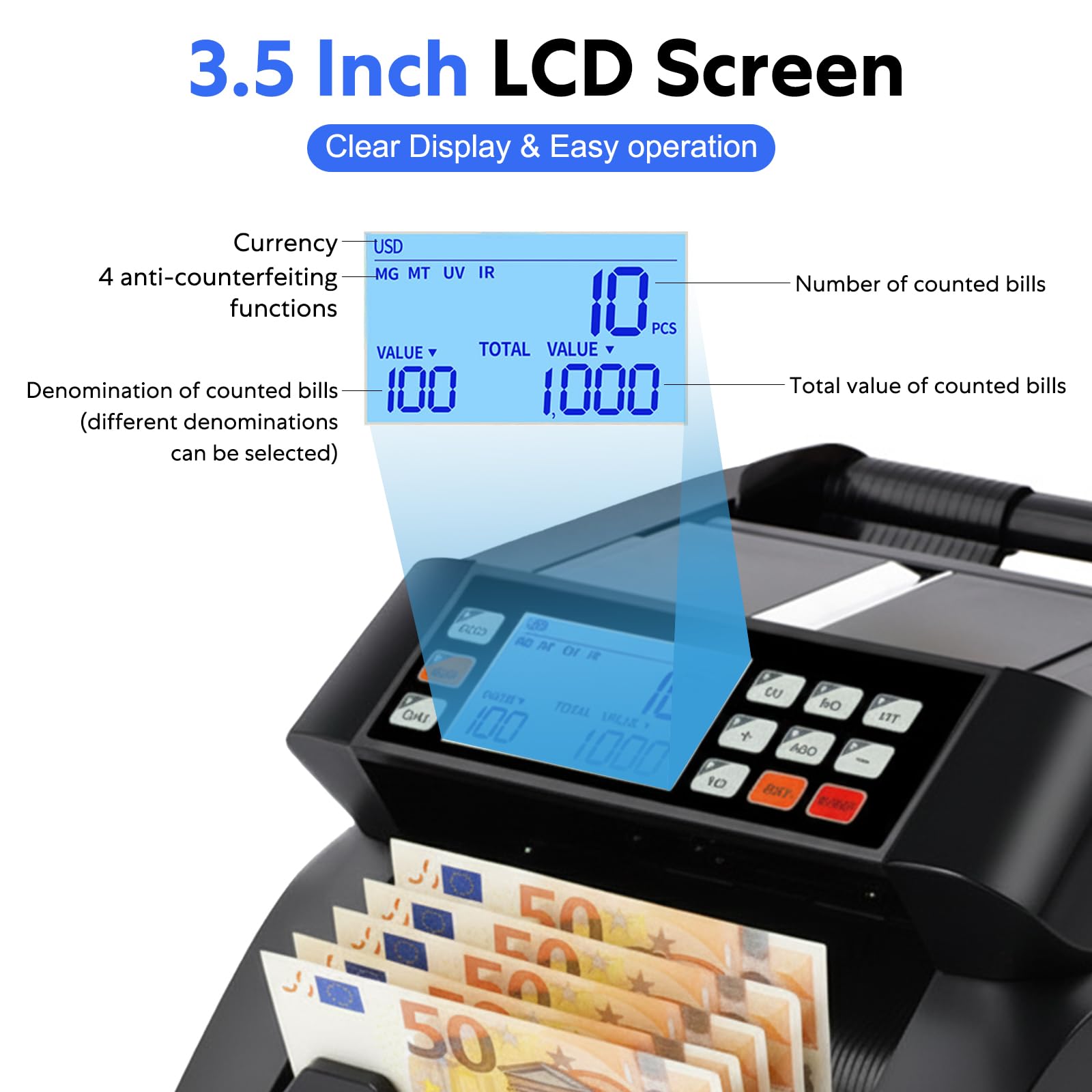 Compteuse de Billets Professionnelle Machine a Compter les Billets, Détection UV/MG/IR/MT, 1000 Billets/Min, Machine Compte Billet Affichage LCD 3,5” et Écran LED Externe, Mode Addition, Valeur et Lot