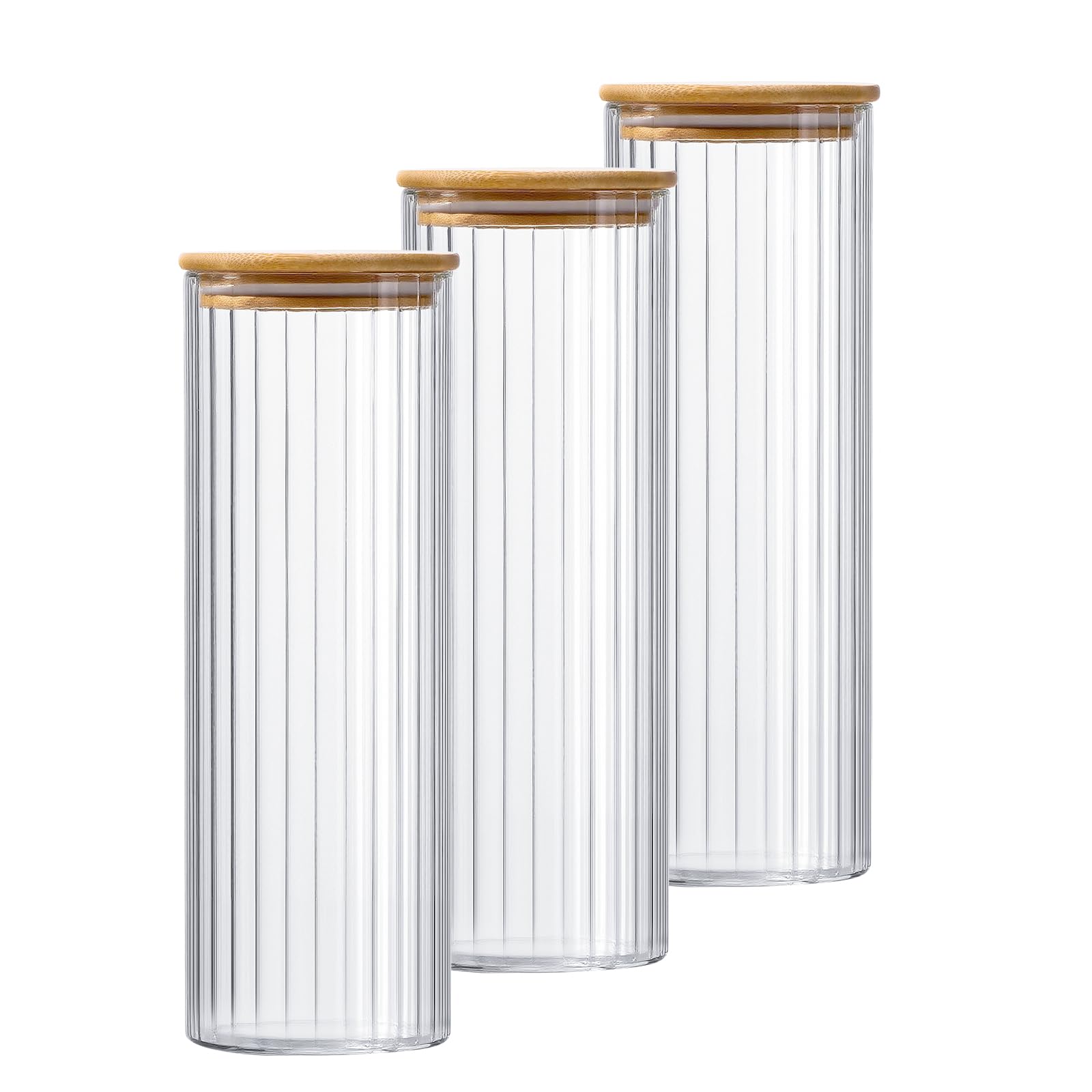 pantrytine 1.7L 3 Pack Glass Food Containers with Lids - Storage Jars with Bamboo Lids Airtight - Kitchen Storage Glass Jars for Spaghetti Nuts Cereal Flour