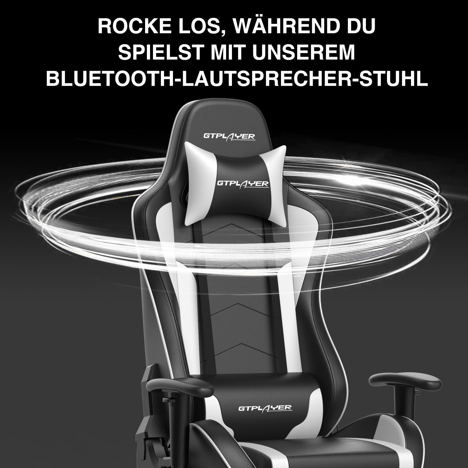 GTPLAYER Gaming Stuhl Gamer Stuhl mit Fußstütze Bluetooth Lautsprecher Ergonomischer Bürostuhl Computerstuhl Schreibtischstuhl PC Stuhl mit verstellbare Rückenlehne 150 kg Belastbarkeit weiß