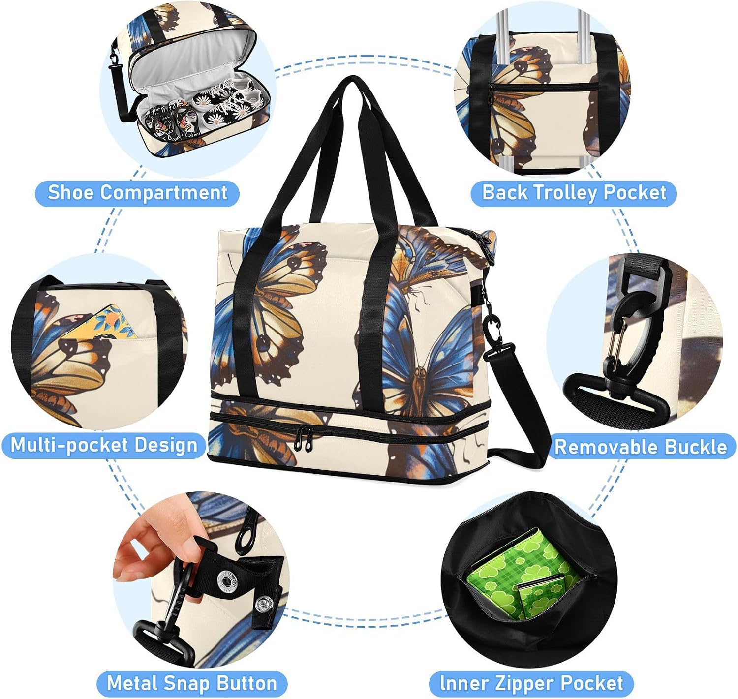 Blue-brown Butterfly Sports Tote Gym Bag Large Carry On Bag with Adjustable Strap for Trekking 2 Pcs Set