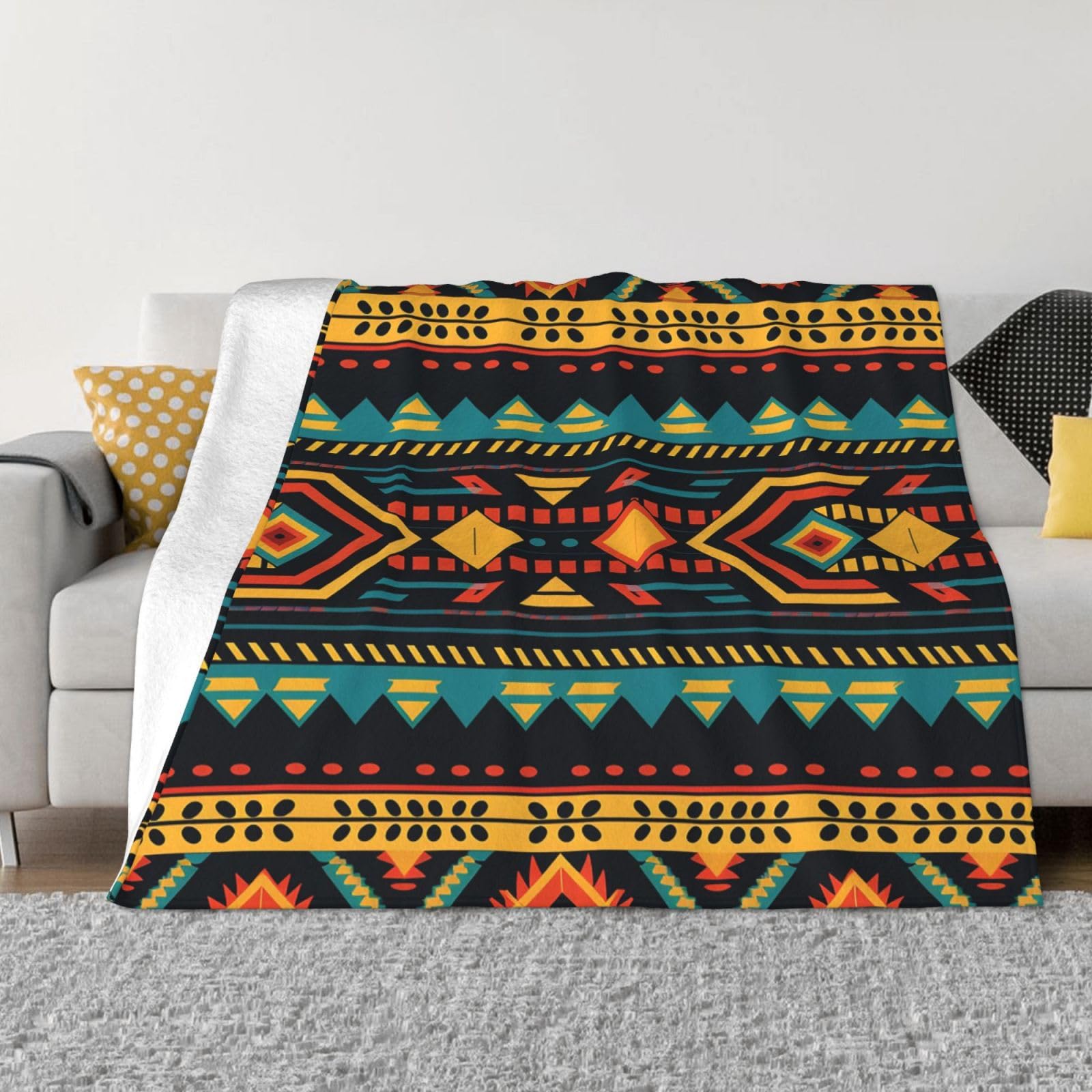 Couverture flanelle haut de gamme motif aztèque peint finitions soignées pour lit et canapé