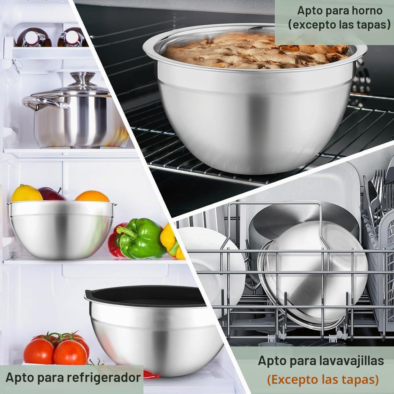 Beler Juego de 6 cuencos para mezclar de acero inoxidable con tapa y rallador, juego de ensaladera para cocina con base de silicona, 3 cabezales de trituración, 4,7 l, 3,8 l, 2,8 l, 1,9 l, 1,4 l, 0,6