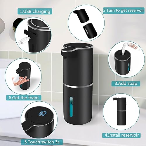Miniatura 4 de Dispensador automático de jabón  Dispensador de jabón espumoso sin contacto de 13.5 fl oz, dispensador recargable por USB eléctrico montado en la