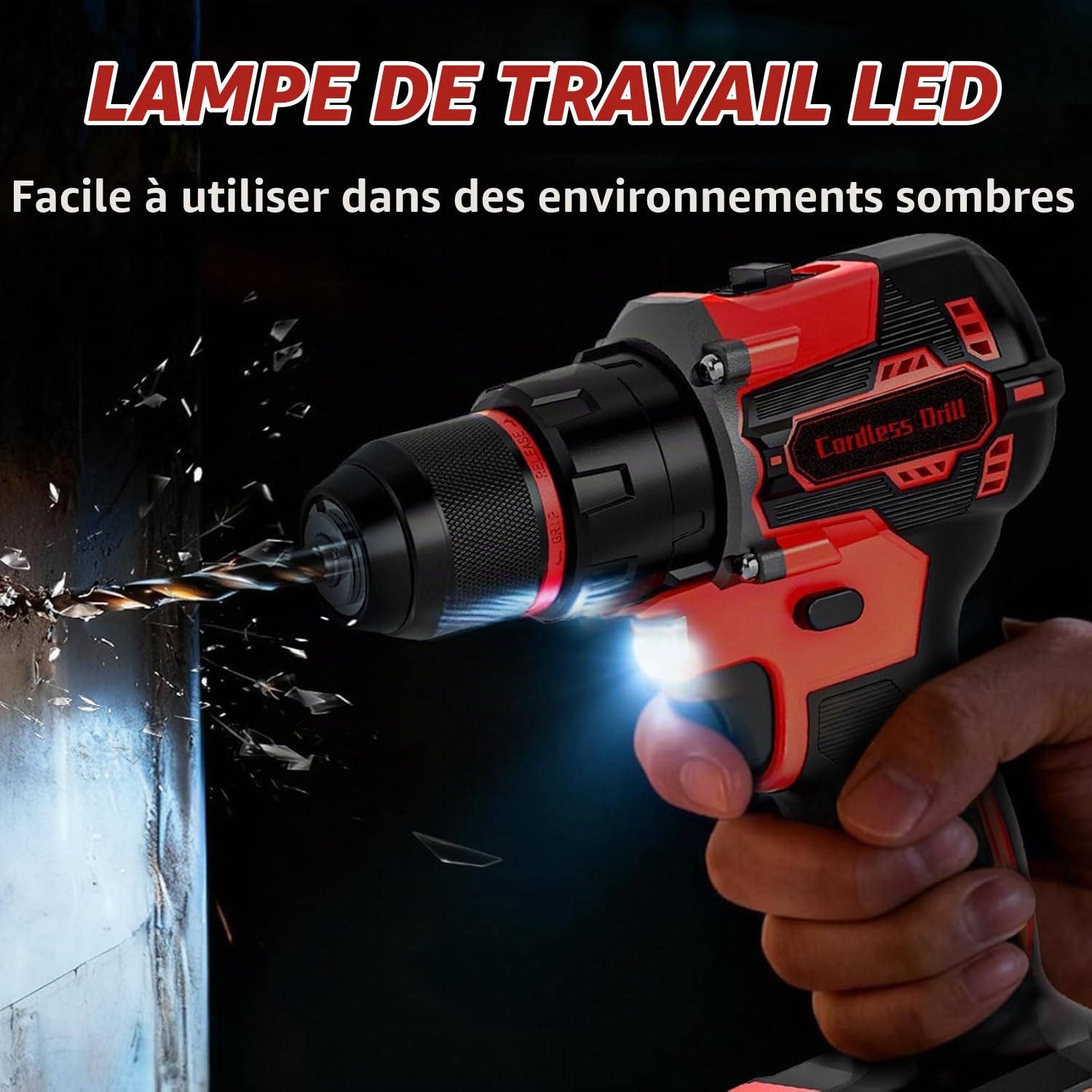 Perceuse Visseuse Sans Fil Brushless 21V KELNOW, Perceuse Percussion 60 Nm, Batterie 2,0 Ah, Mandrin Métal 10 mm, 2 Vitesses 25+3 Couples, Visseuse Dévisseuse avec 87 Accessoires Bricolage (Rouge)