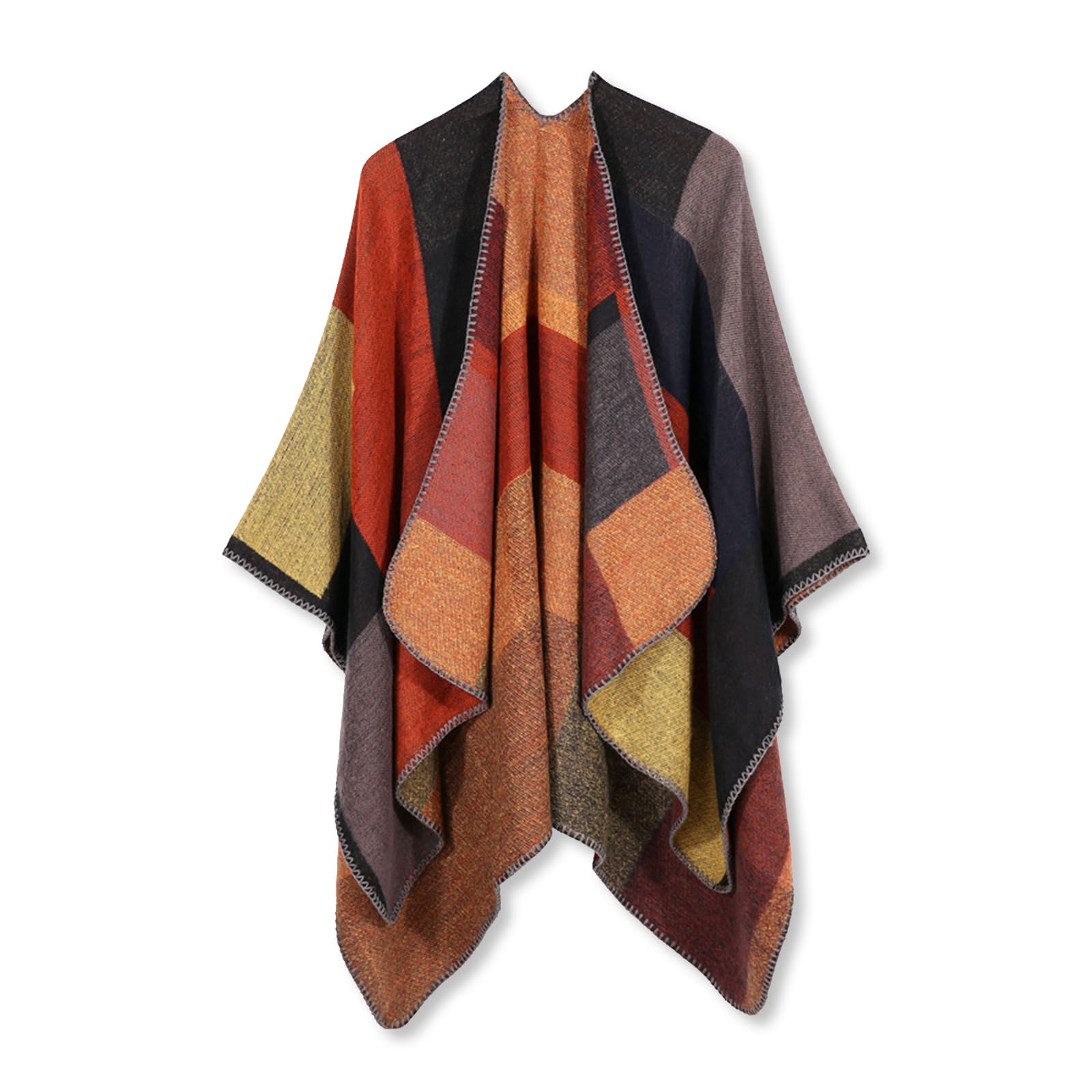 LumiSyne Invierno Chal De Cachemira Mujer Poncho De Punto Capa Bloques De Color Patrón a Cuadros Frente Abierto Poncho Cardigan Tartán Manta Capa Elegante Estola Chal Grande Cálida Pashmina Bufanda