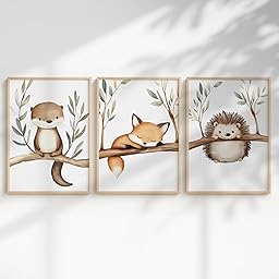 Generisch Waldtiere Poster Set Kinderzimmer – Otter, Fuchs & Igel Wandbilder – Babyzimmer Deko Mädchen & Jungen – Bilder Aquarell Tiere (DIN A4)