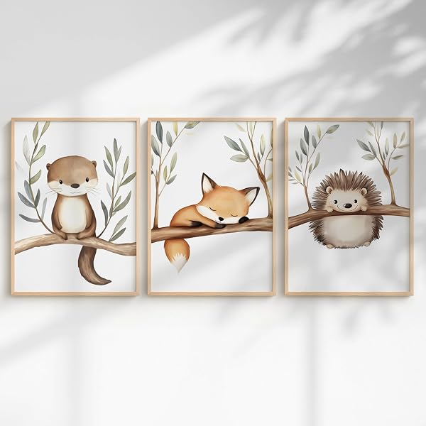 Generisch Waldtiere Poster Set Kinderzimmer – Otter, Fuchs & Igel Wandbilder – Babyzimmer Deko Mädchen & Jungen – Bilder Aquarell Tiere (DIN A3) - 1