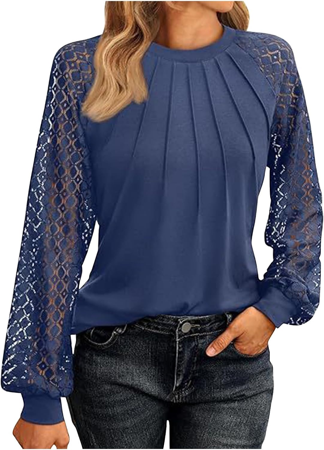 Women's Eyelet Lace Long Sleeve Shirts Fashion Pleated Front Crew Neck Puff Sleeve Tunic Tops Dressy Casual Blouses