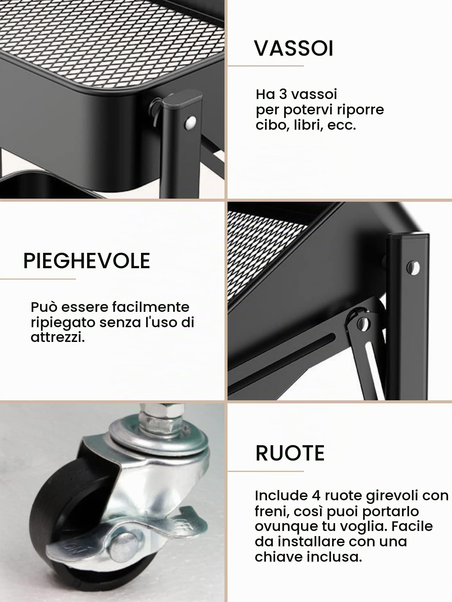 MAGIC SELECT Carrello da cucina ausiliario. Carrello Pieghevole per Fruttivendolo, Multiuso. Mensola da cucina con ruote. Carrello di servizio con 3 livelli di stoccaggio per la casa, il bagno.