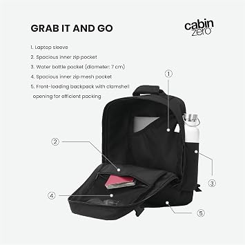 Cabinzero Classic Tech Backpack 28L, Underseat-approved with Laptop Compartment and Trolley Sleeve