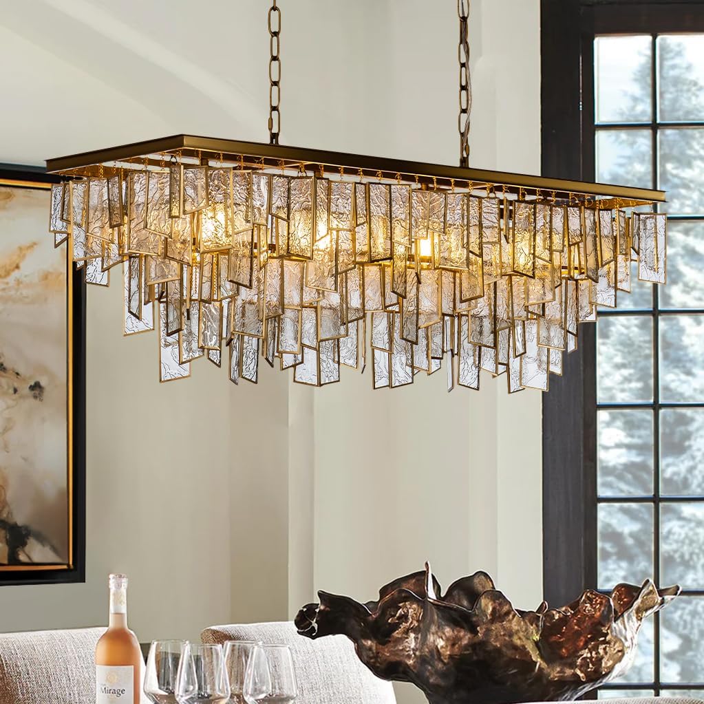 ALOADECOR 4-Light Mid-Century Modern Rectangular Matte Gold Water Glass Fringe Chandelier Unique Textured Glass Panes Pendant Lighting for Kitchen Island Dining Room Living Room