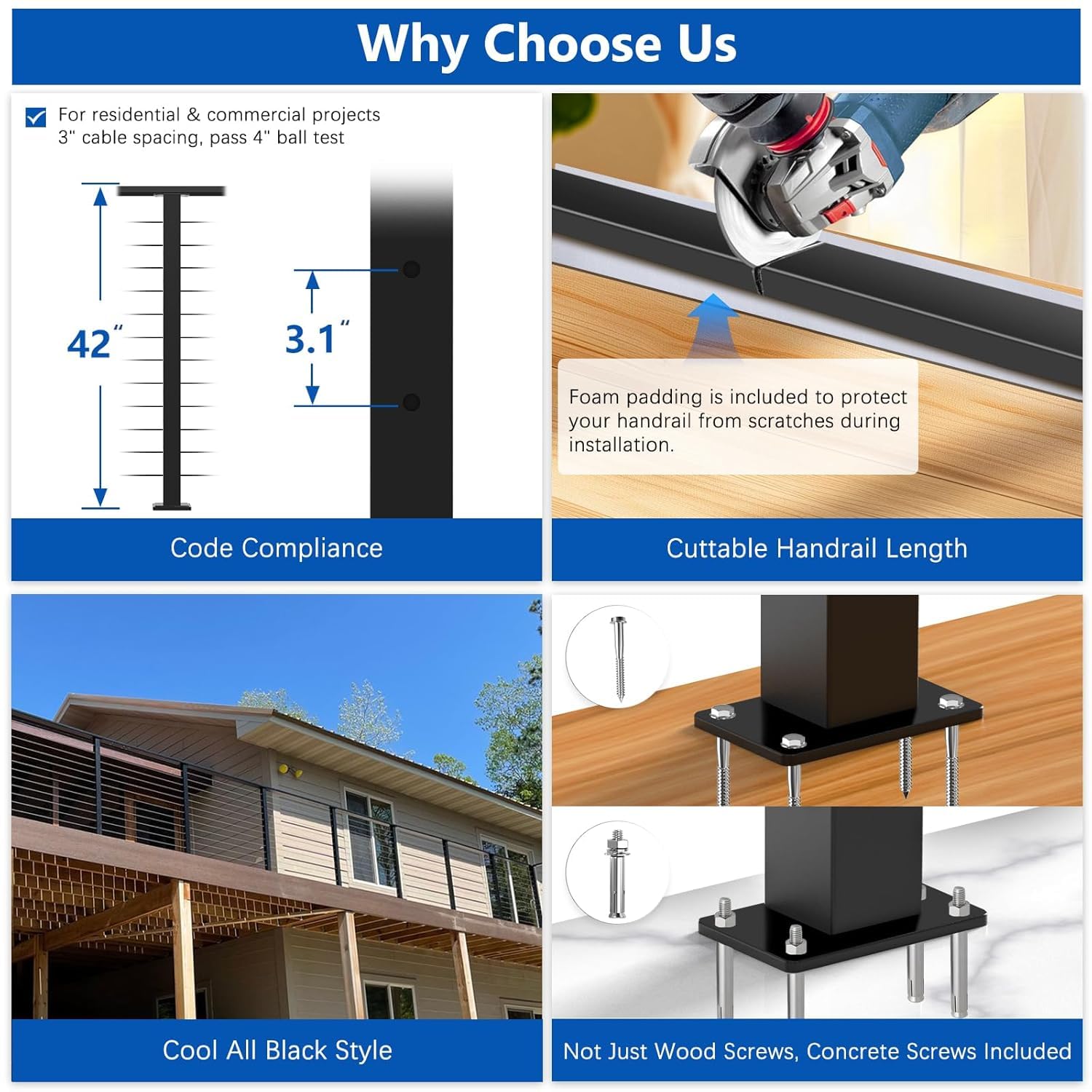 12ft-16ft Complete Set 42" Deck Cable Railing System with Handrail Cuttable, T304 Stainless Steel Black Level Drilled Cable Railing Posts Kit with 1/8" Cable Railing Hardware for Outdoors