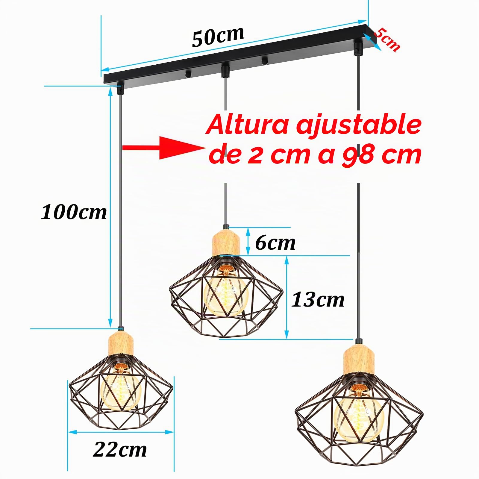 Lampara Colgante 3 Luces Vintage Lámpara de Techo E27 Industrial Iluminación de Techo de Interior en Madera y Hierro16CM Diseño de Jaula Negro para Comedor Cocina (una barra-50 cm)