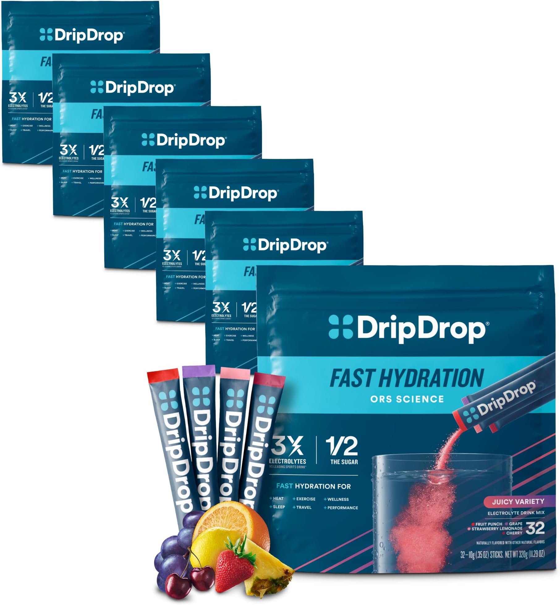 DripDrop Hydration Juicy Variety Pack Electrolyte Drink Mix Single-Serve Powder Packets- Grape, Fruit Punch, Strawberry Lemonade, Cherry- 192 Servings