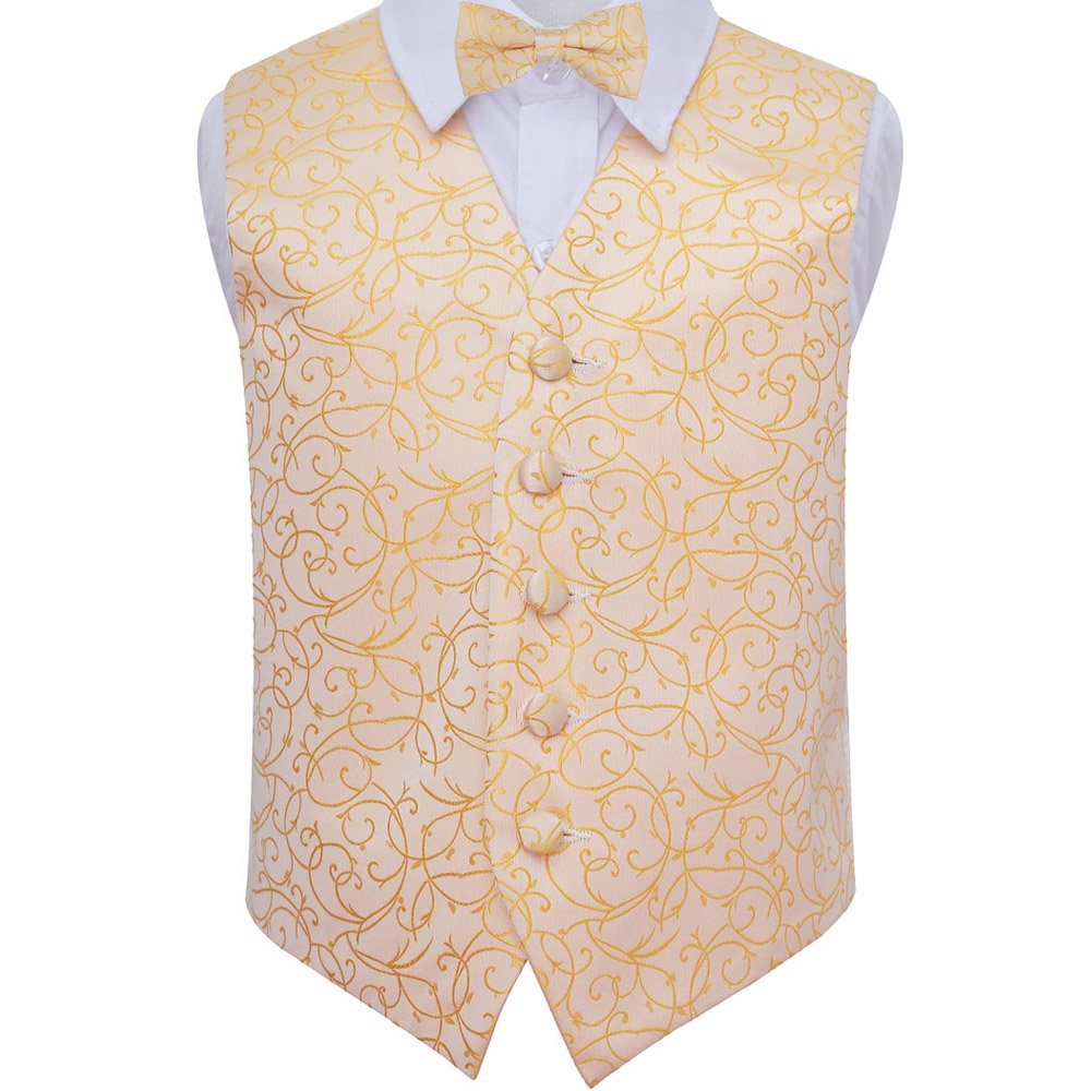 DQT Boys Swirl Jacquard Waistcoat & Pre-Tied Bow Tie Set (2pc) - Wedding Pageboy Formal Vest - Gold 13-14 Years 34"