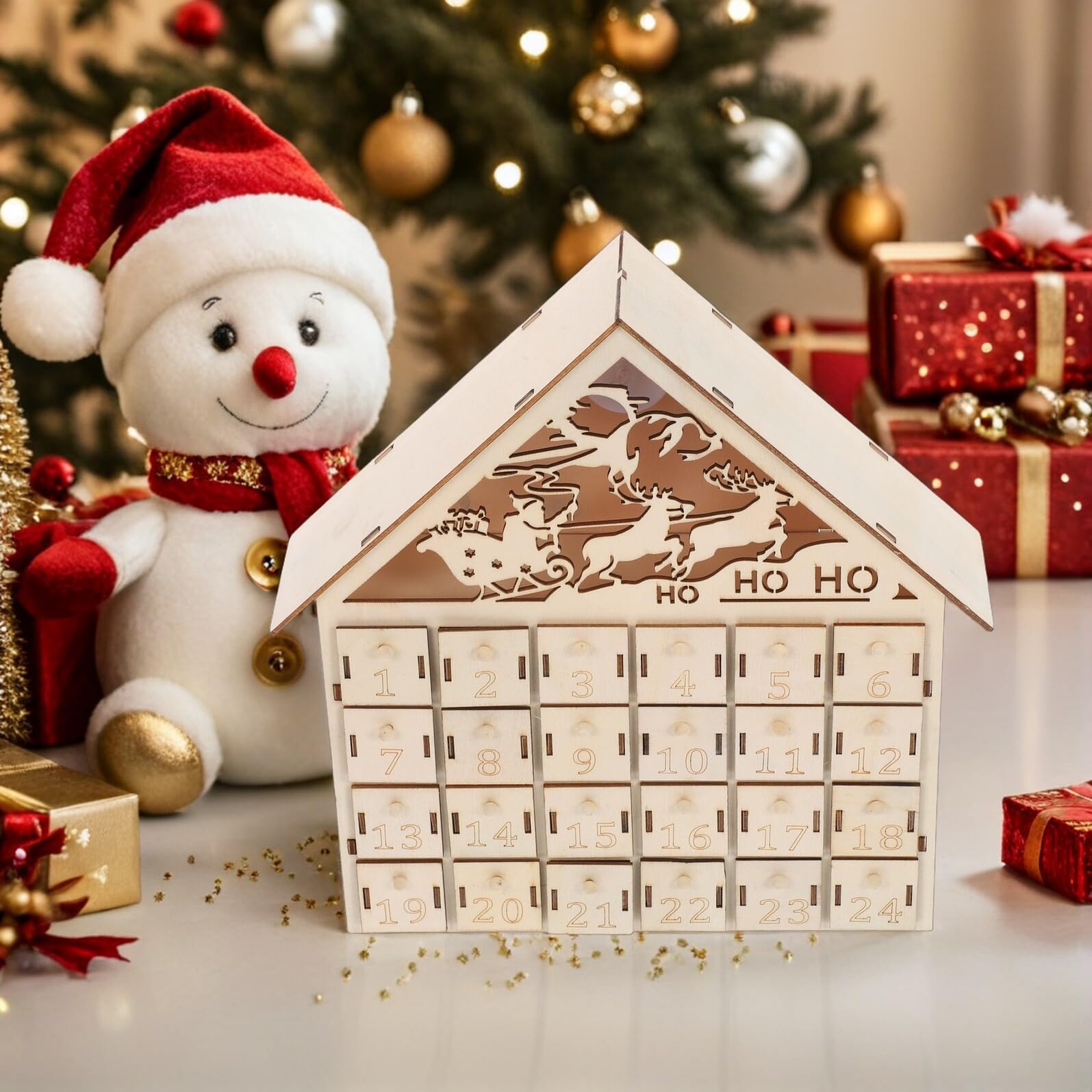 GLEAVI Calendario de Adviento de Madera Iluminado Calendario Reutilizable de Rellenables para Regresiva de Navidad Decoración de Mesa Rústica con Luz LED para Tradiciones Familiares