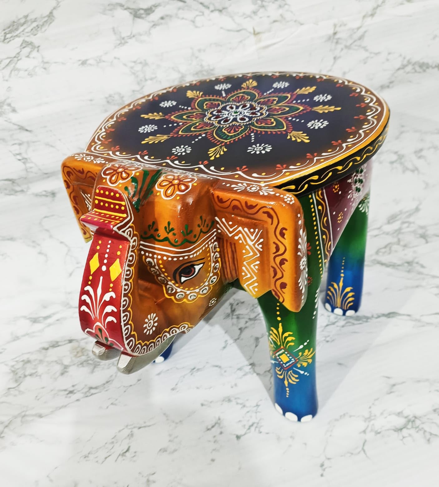 Wooden Handpainted Multicolour Elephant Stool - 6 Inches | Handcrafted, Wood, Multicolour Floral Art, Decorative Stool, Indian Folk Art, Home Decor Accent-image-21
