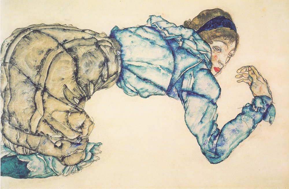 Lámina Egon Schiele Bending Over mate con marco negro mediano para renovar paredes aburridas