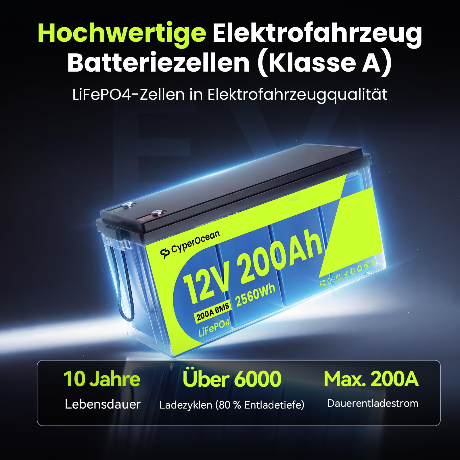 LiFePO4 Batterie 12V 200Ah,Lithium Batterie 2560Wh mit 200A BMS Low-Temp Schutz und Max. 15000 Zyklens, Autobatterie für Wohnmobil,Solaranlage Komplettset,Boot