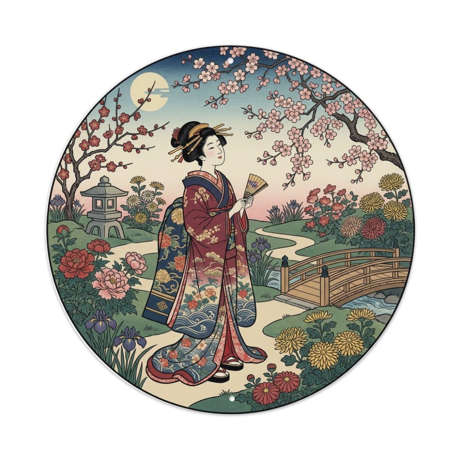 Metal Tin Sign Japanese Geisha Side Admiring Flowers Serene Ukiyo-e