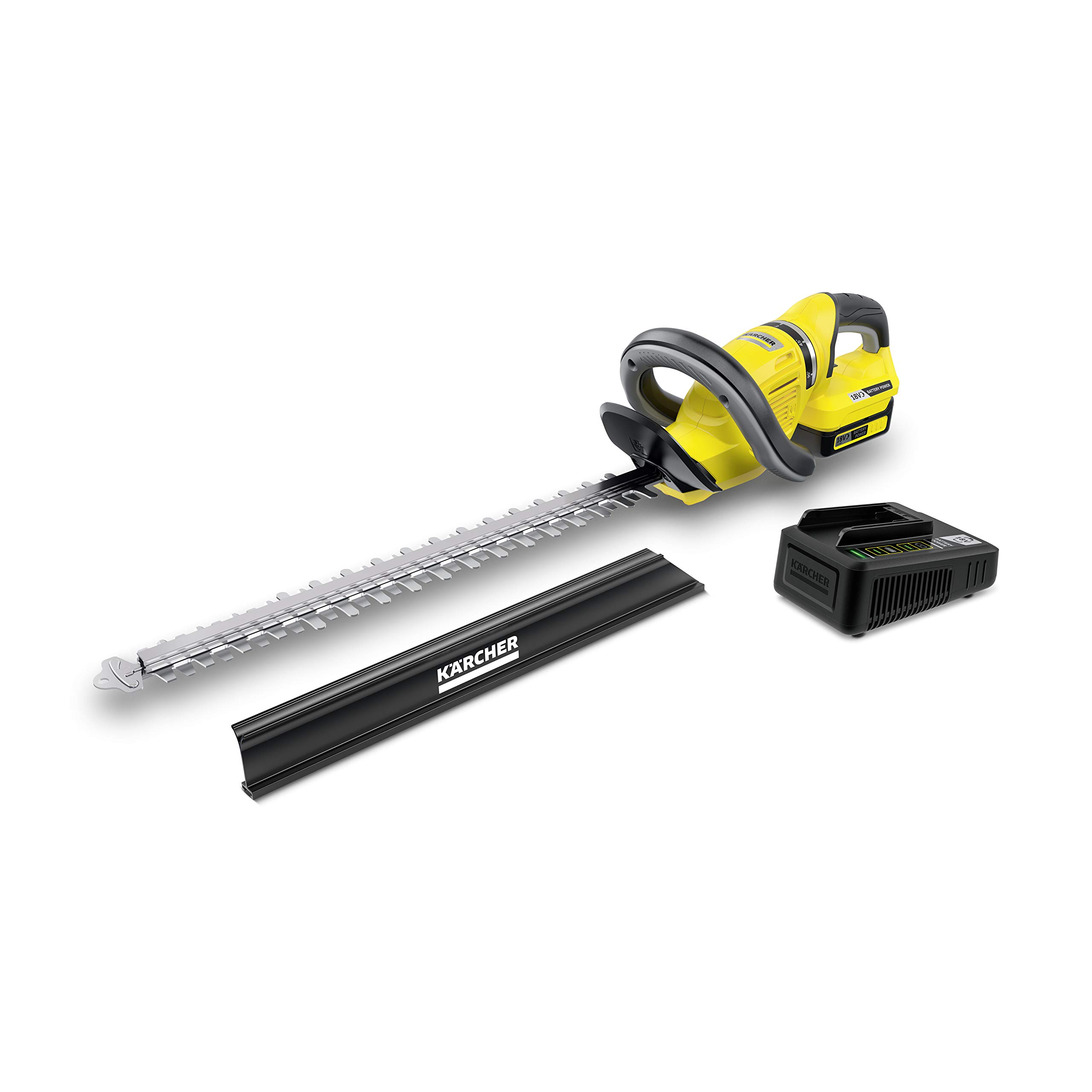 Kärcher Bezprzewodowa nożyczka do żywopłotu 18 V HGE 18-50 Bateria 18 V/2,5 Ah i szybka ładowarka Długość cięcia 50 cm diamentowe ostrze uchwyt obrotowy zamiatarka tnąca Moc 325 m