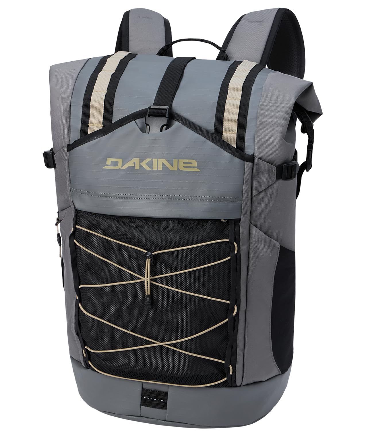 Mission Surf DLX Wet/Dry Rolltop Backpack 35L, Stone/Castlerock | 35L surf backpack with seam-sealed wetsuit storage, padded carry and organized gear pockets