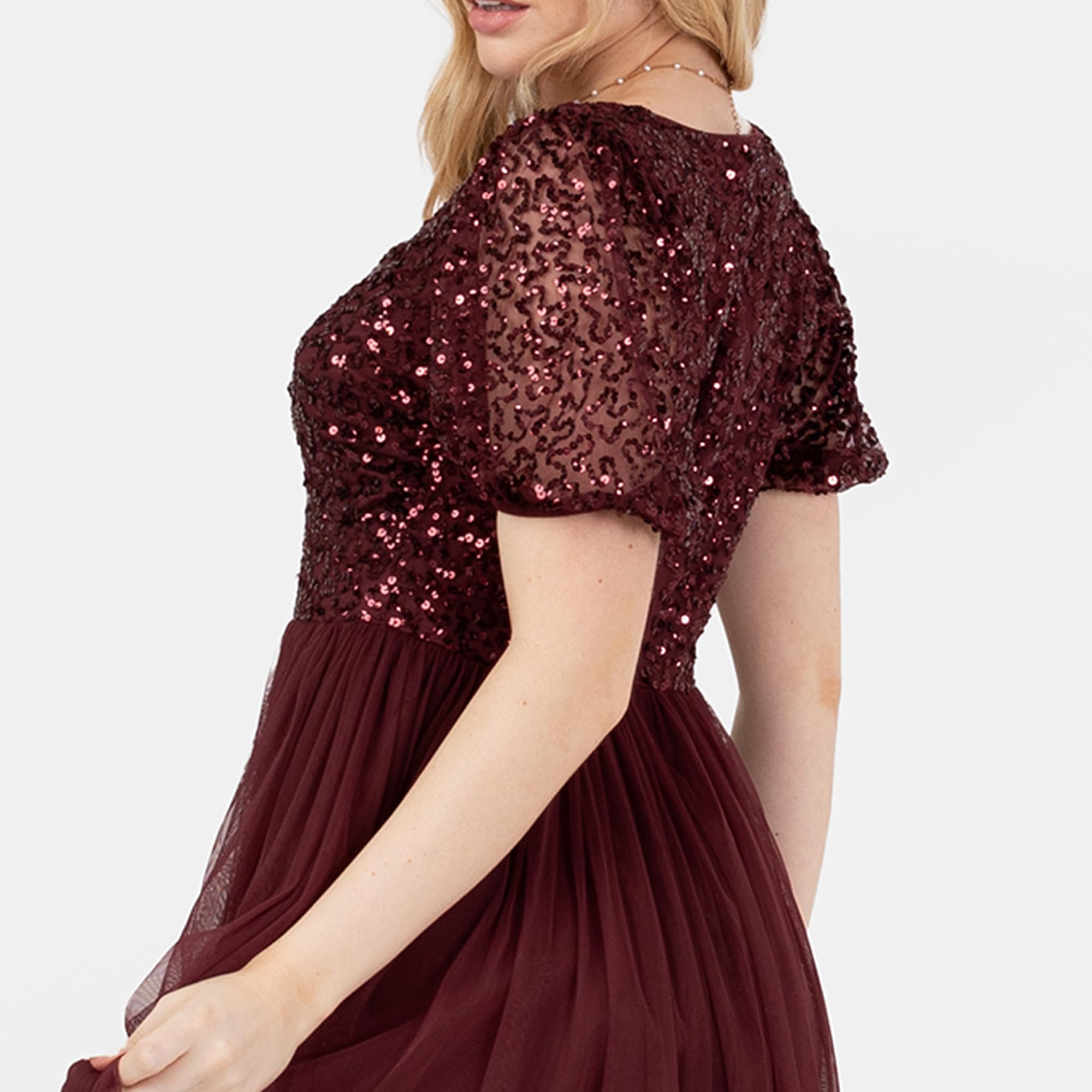 Maya Deluxe Women's Maxi Dress Ladies V-Neck Short Puff Sleeve Sequin Embellished Twist Front Tulle A-Line Bridesmaid Prom Ball Gown NAN Donna