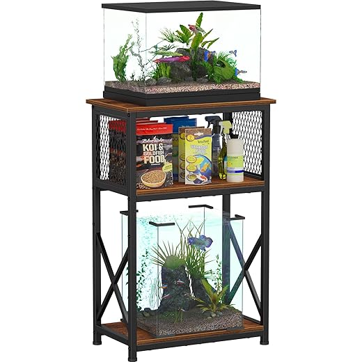 Snughome 10 Gallon Aquarium Stand with Storage, 3 Tier Heavy Metal Fish Tank Stand Shelf 20.47" x 11.42" x 30.91", Rustic Brown