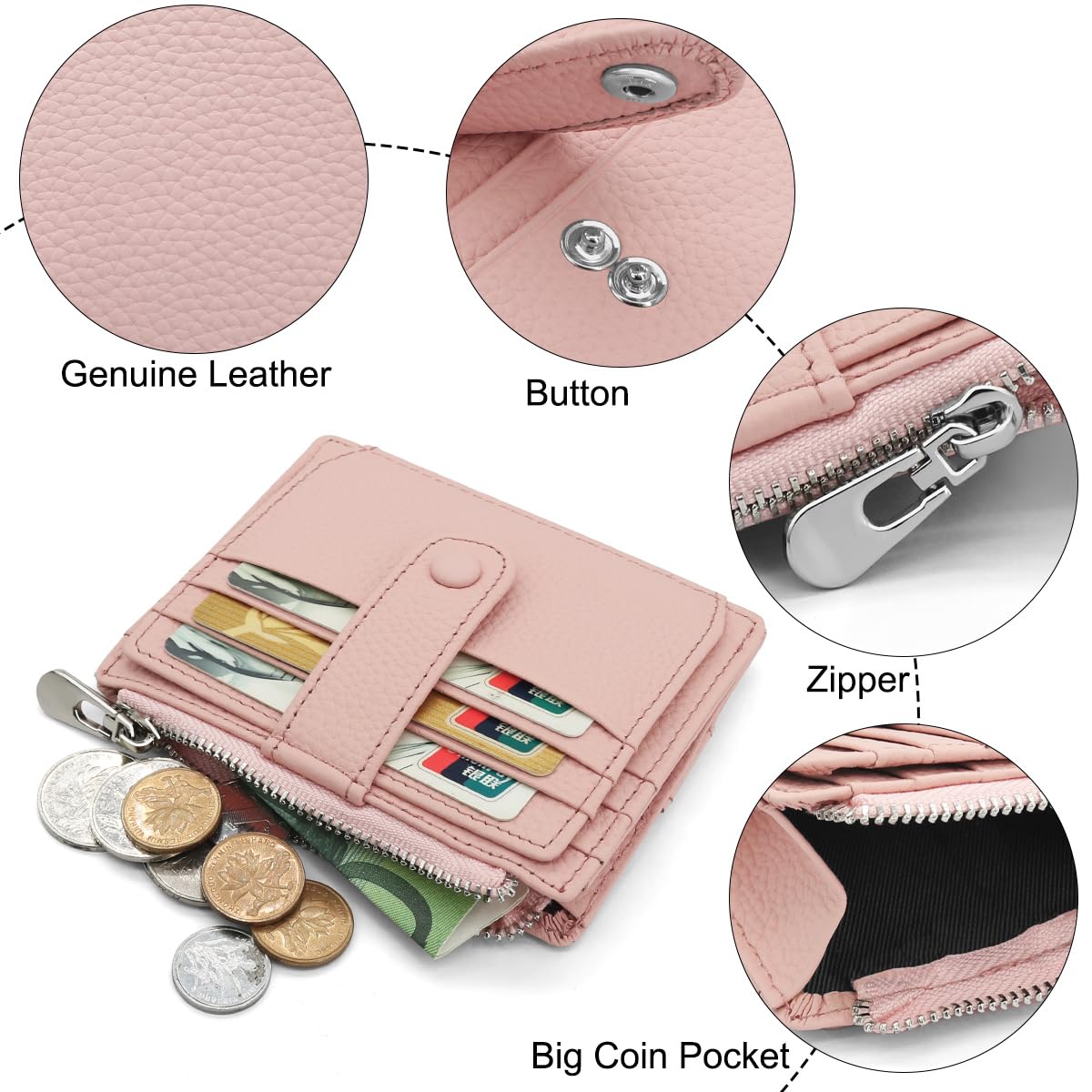REETEE Porte Carte de Crédit Cuir Véritable Homme Femme RFID Blocage Portefeuille Cuir Petit Porte Carte Slim avec Poche à Monnaie, Porte Feuille avec 14 Emplacements et Petit Porte Monnaie (Rose)