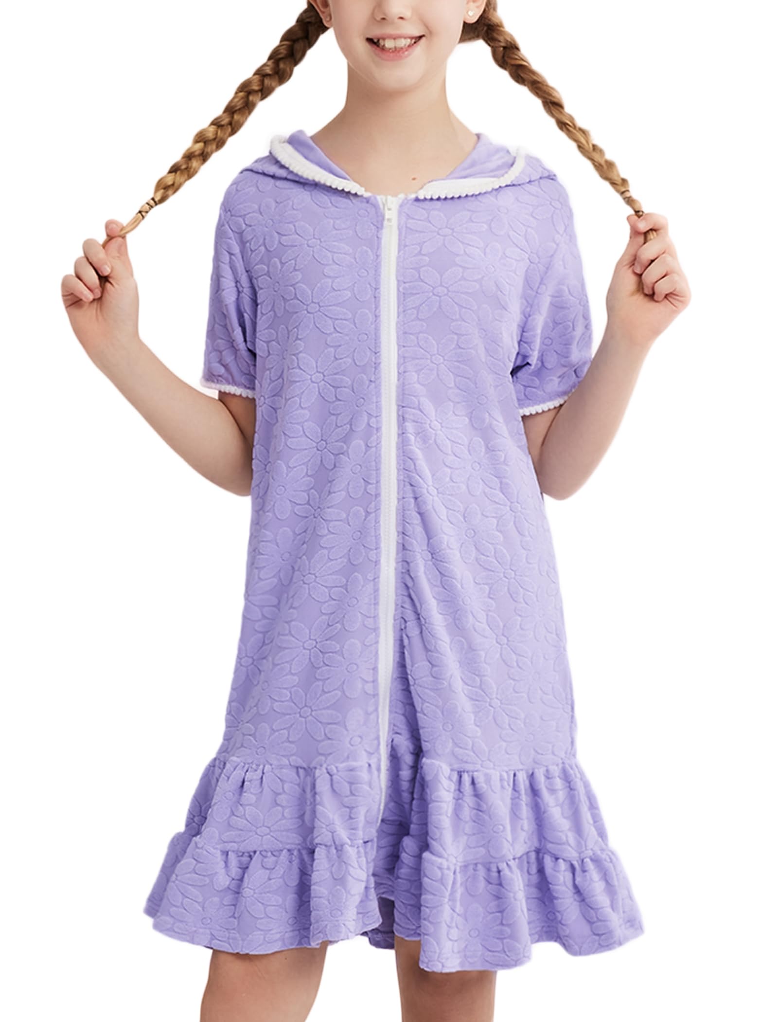 Weixinbuy Girls Swim Cover Up Kids Swimsuit Terry Zip Up Swimwear Hoodie Dress Wraps Beach Bathing Suit 3-13 Years