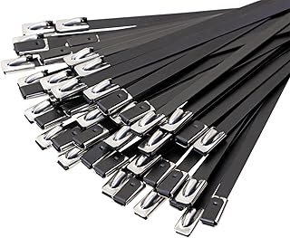 Mini Skater 304 Stainless Steel Cable Ties Heavy Duty Self-locking Metal Zip Ties for Chain Link Fence Vehicles Exhaust Wrap Pipes Heat Shields Outdoor Applications, 50Pcs (0.18 x 4 Inch, Black)