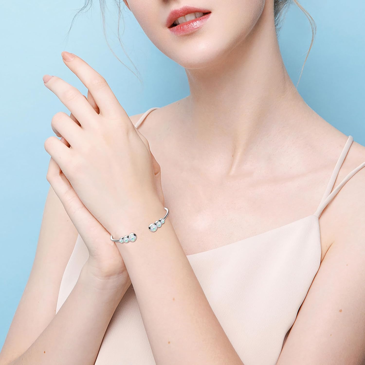 YUNKAI Opal Bangle for Women Sterling Silver, Adjustable Round Opal Bangle Bracelet Minimalist Cuff 6 Stone Bracelet October Birthstone Jewelry Gift for Birthday Christmas Mothers Day - Image 4