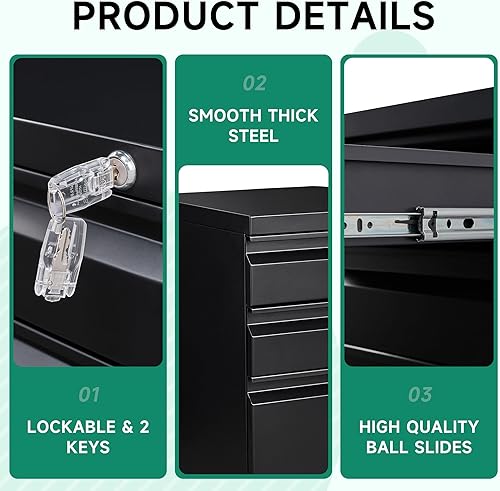 Miniatura 7 de Letaya Archivador móvil con cerradura, debajo del escritorio, con 3 cajones para oficina en casa, cartalegalA4F4 (negro, desinstalado)