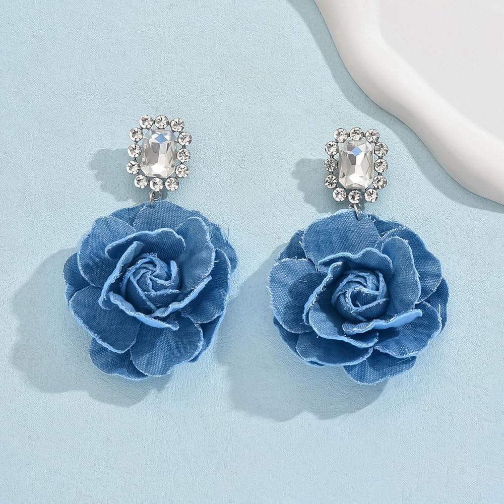Denim Camellia Flower Dangle Earrings for Women Cowboy Statement Big Exaggerated Fabric Hoop Huggie Blue Floral Studs Gold-Tone Plated Long Drop Dangling Earring Fashion Jewelry Gifts image 3