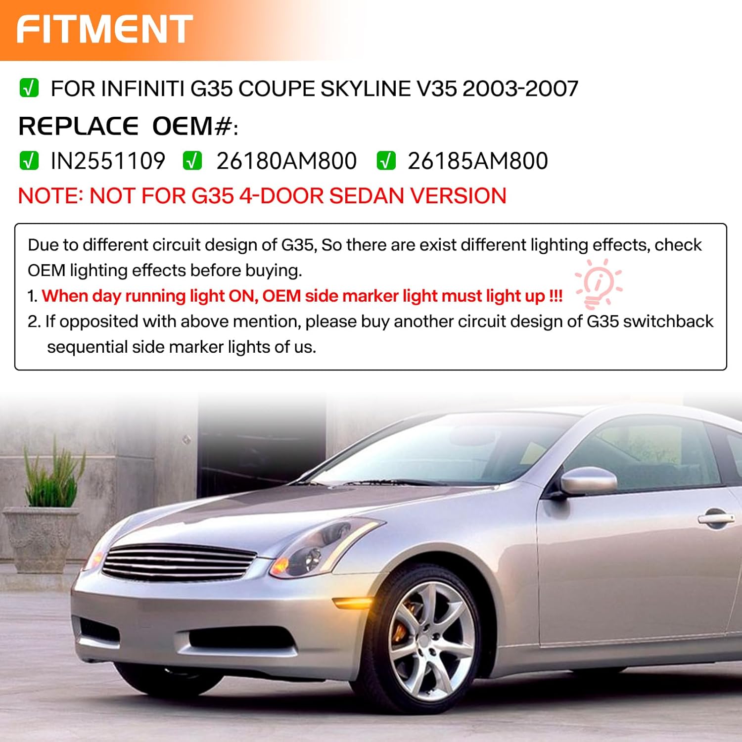 G35 Sequential Side Marker Lights White LED Running Lights Amber Dynamic Turn Signal Blink Assembly for Infiniti G35 Coupe Skyline V35 2003-2007, Smoked Lens 2PCS