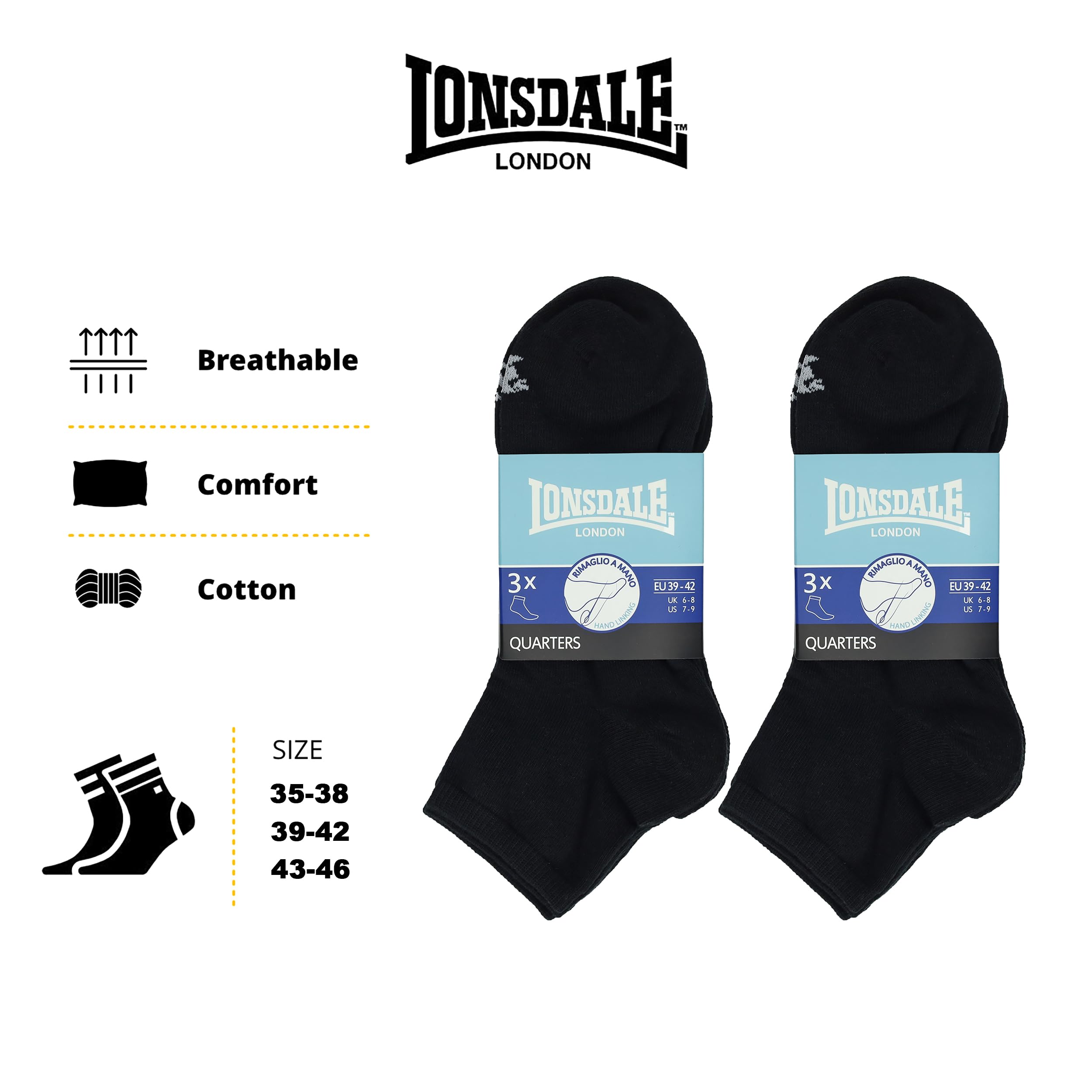Lonsdale 6 Paia Calzini Corti Uomo Donna - Calzini Sportivi Quarter - Lunghezza Sopra la Caviglia - Cotone Traspirante