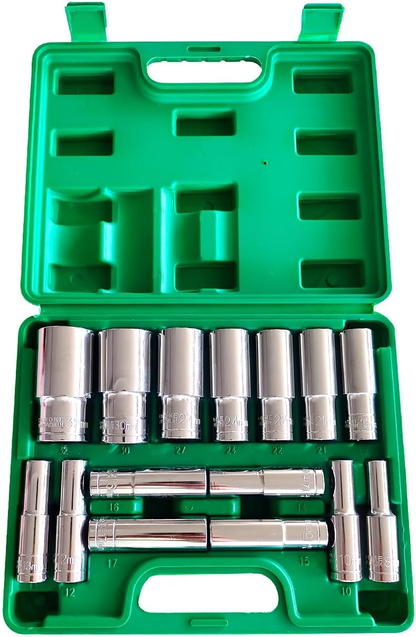 Deep Metric 1/2 Inch Drive 6-Point 15-pieces Sockets Wrench Set