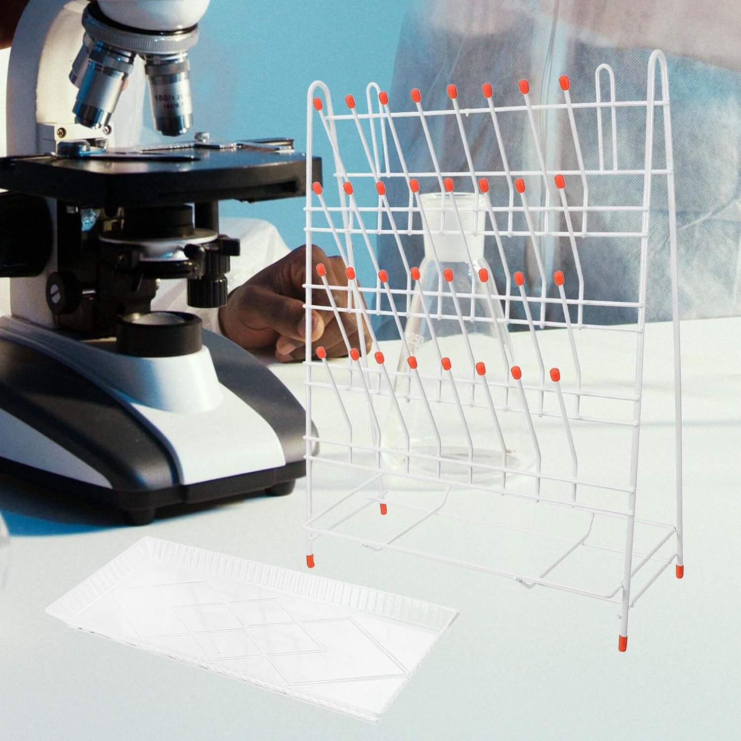 32-Slot Laboratory Test Tube Drying Rack, Wire Lab Glassware Draining Holder for Bottles and Tubes, Plastic-Coated Drip Rack for Scientific Lab Use