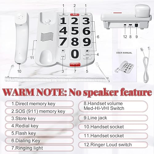 Miniatura 3 de Teléfono de botón grande para personas mayores, teléfono fijo con cable, marcación de un toque, timbre y altavoz ajustables para personas con