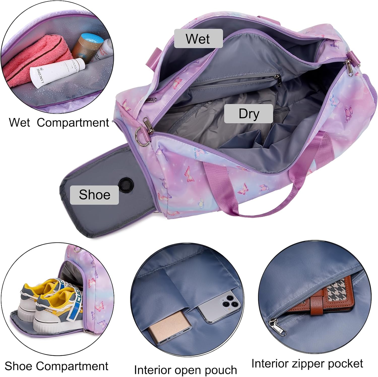 Butterfly Dance Bag for Girls,Gym Travel Duffle Bag Gymnastics Sports Dance Bag with Shoe Compartment - Image 7