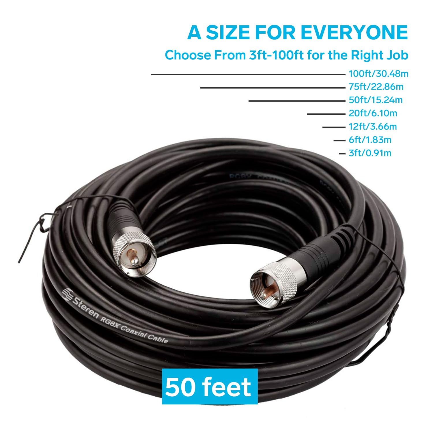 STEREN RG8X Coaxial Cable 50 ft 2 Pack, CB Coax Cable with PL259 UHF Connectors, Male to Male Low Loss 50 Ohm for HAM Radio, LMR400, Antenna Analyzer