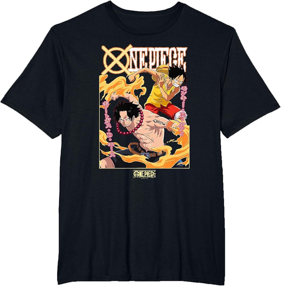 Amazon.com: One Piece Anime Ace and Luffy Team Up Kanji T-Shirt