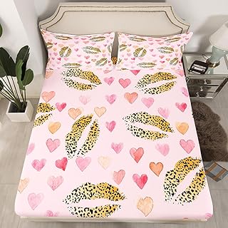 Manfei Lips Fitted Sheet Twin Size, Yellow Leopard Kiss Pattern Bed Cover with 1 Pillowcase, Red Hearts Print Bedding Set 2pcs for Kids Girls Teen Room Decor, Soft Polyester Bedding