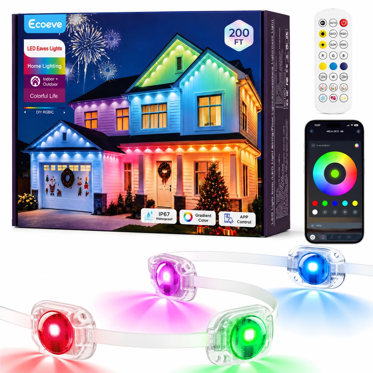 Ecoeve Permanent Outdoor Lights for House, 200ft RGB+IC Christmas LED Light | App & Remote Control with Guest Mode, 16 Million Colors, 50+ Scenes, Music Sync, IP67 Waterproof Seasonal Rope Lights