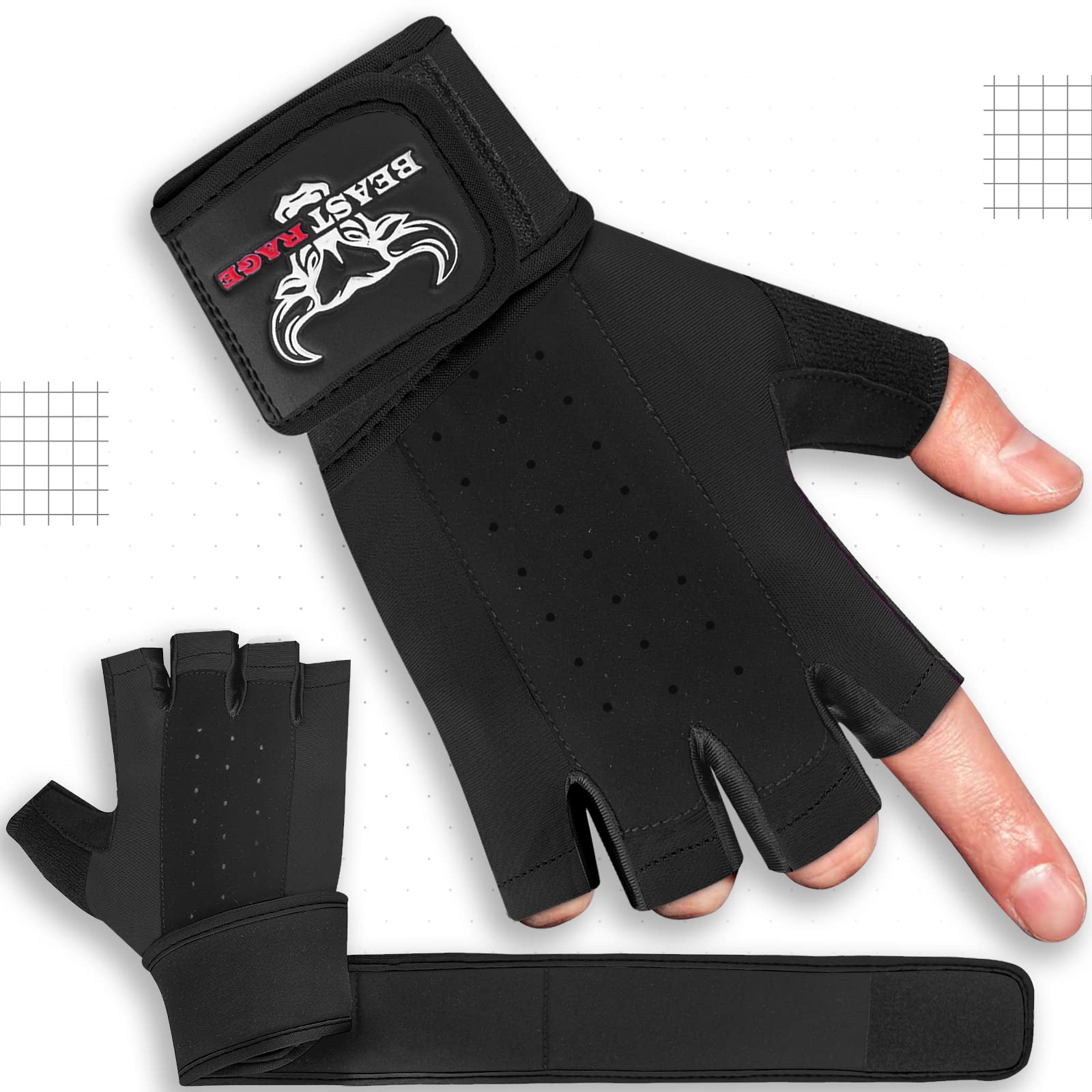 BEAST RAGE Guanti per sollevamento pesi con supporto polso e protezione palmo, traspiranti, nero
