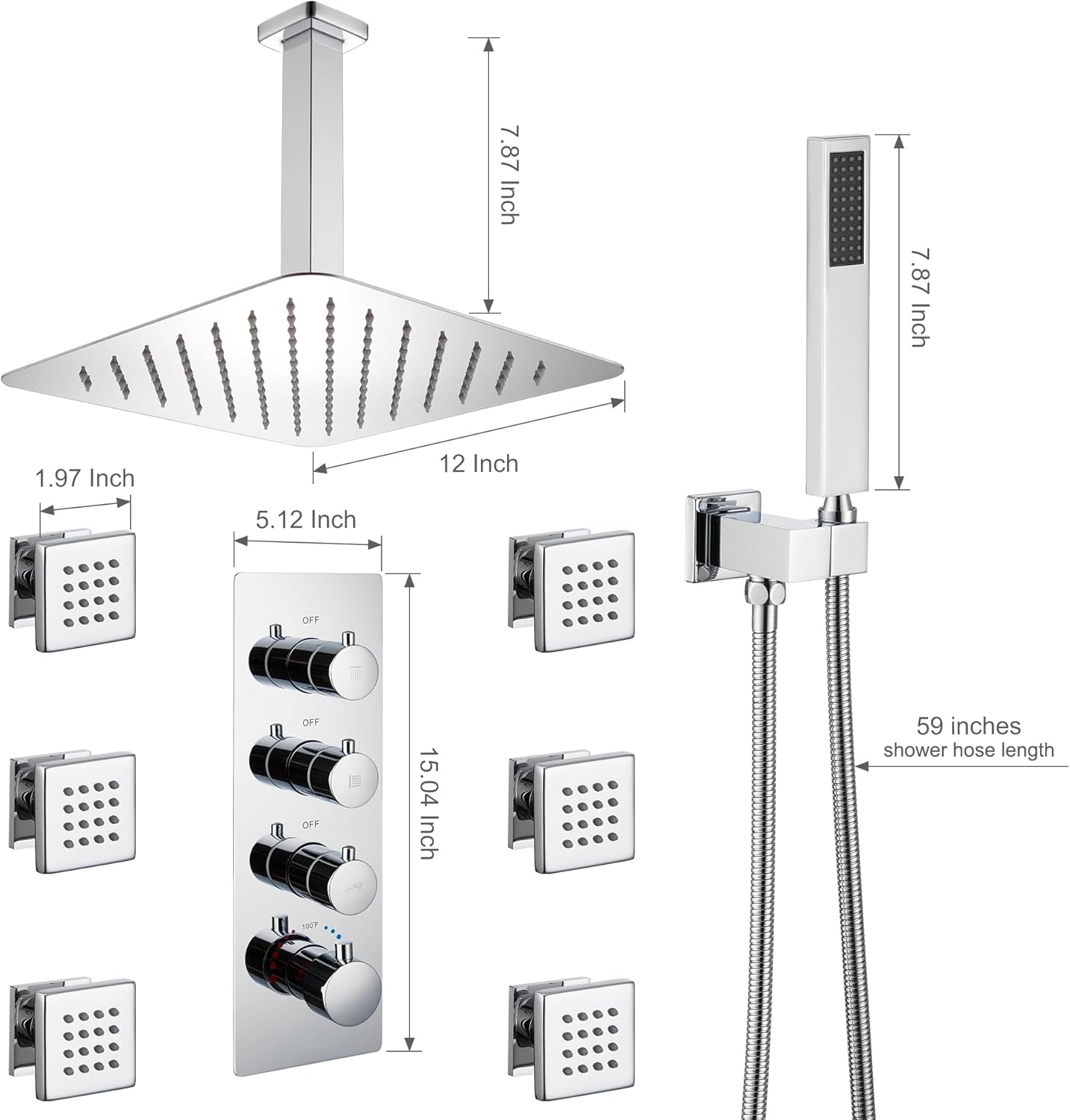 Detailed diagram illustrating the installation depth of the shower arm, shower holder, and body jets, emphasizing that the face of the plasterguard should be flush with the finish wall line and providing thickness limitations for the tile.