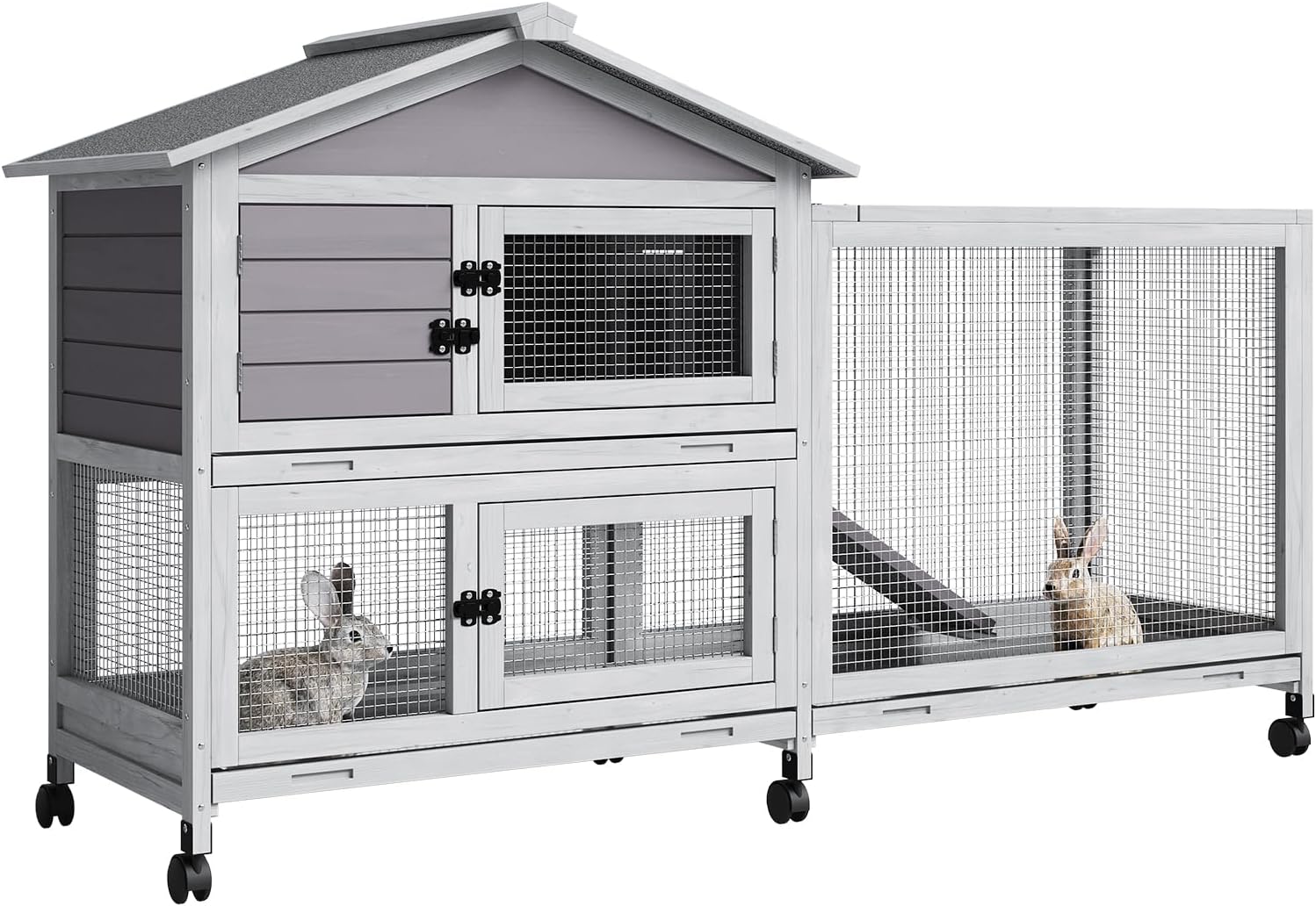 GarveeLife Rabbit Hutch with Weatherproof Asphalt Roof, Bunny Hutch with Wheels & Pull-Out Tray, Rabbit Cage Guinea Pig Cages for Small to Medium Animals, Indoor Outdoor Use, Grey
